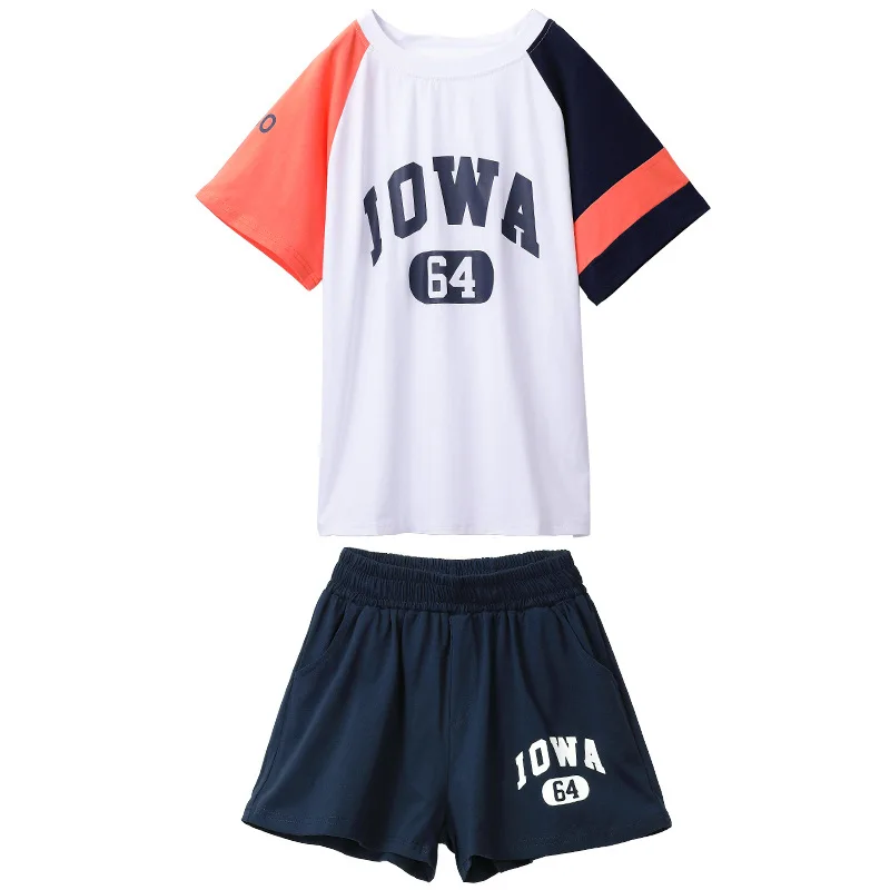 

110-160cm Casual Korean Summer Set For Girls Stitching Color T-Shirt And Sport Shorts 2pcs Outfits School Style Clothes 3-13 Y