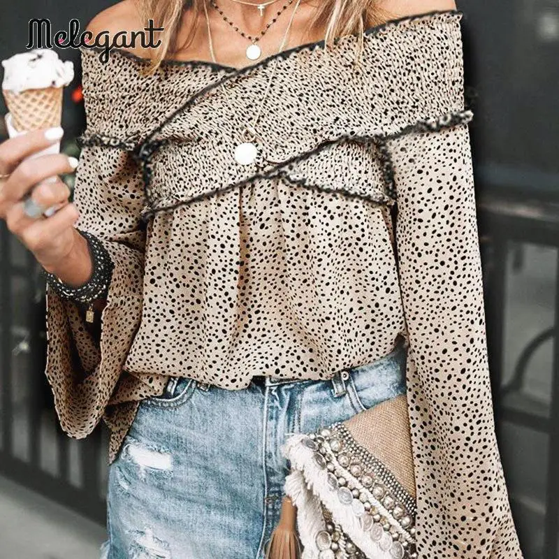 Melegant Sexy Off Shoulder Leopard Shirt Winter Female Flare Sleeve Fashion Women Tops and Blouses Plus Size Ladies blouse Mujer | Женская