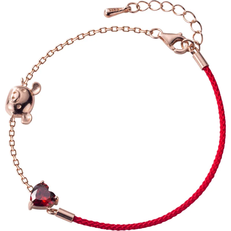 

XMD 2019 New 100% Real 925 Sterling Silver Cute Pig and Sweet Heart Adjustable Bracelet Red Rope Link Chain Bracelet