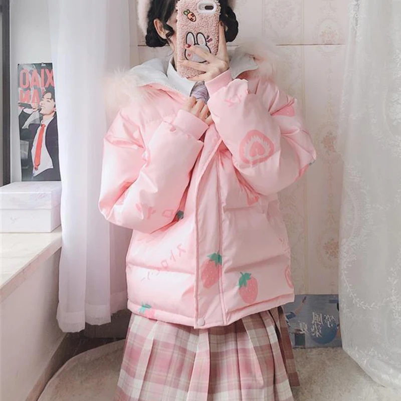 

cotton thick hoodie women preppy style sweet winter zipper coats chic Harajuku warm outerwear Japanese jk cute strawberry jacket