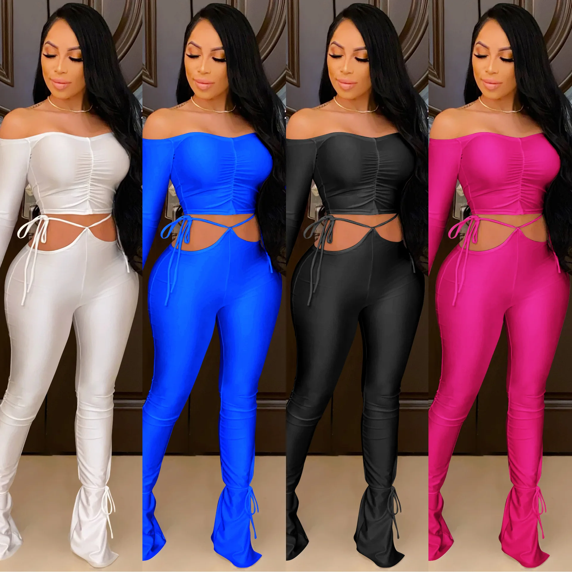 

Sexy Off Shoulder Two Piece Women Sets Crop Top Matching Stacked Pants White Tracksuit Fitness Outfits Suits Female Clothing