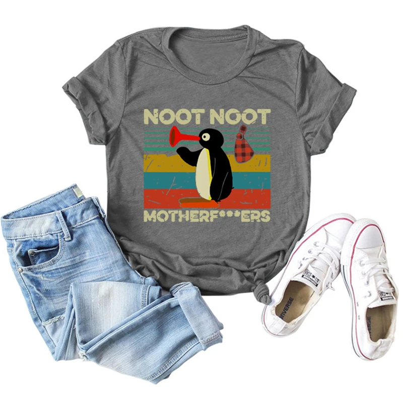 NOOT NOOT MOTHERF...ERS Letter Print Women T shirt Cute Penguin Graphic Tees Plus Size Summer Tops Ladies Harajuku Clothes Shirt