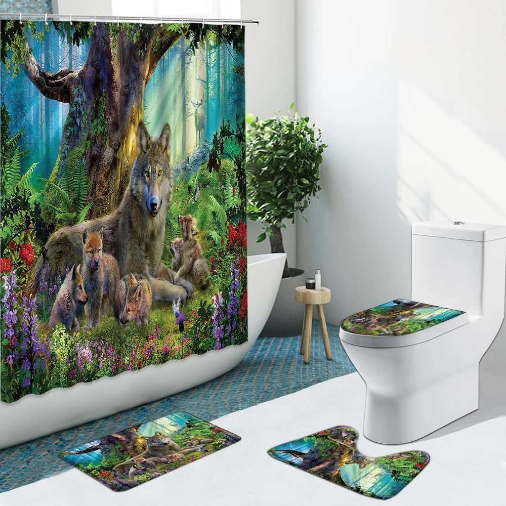 Занавески для душа с изображением леса животных волка растений цветов снега гор