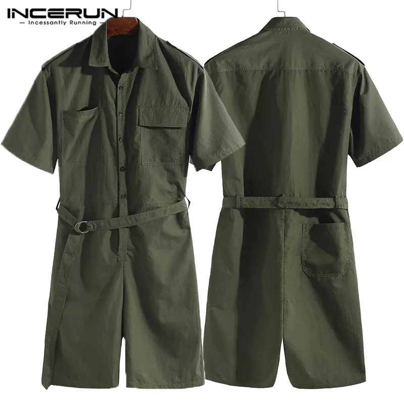 

INCERUN Fashion Men Cargo Overalls Jumpsuit With Belt Half Sleeve Streetwear Solid Casual Playsuit Pants Men Rompers Harajuku