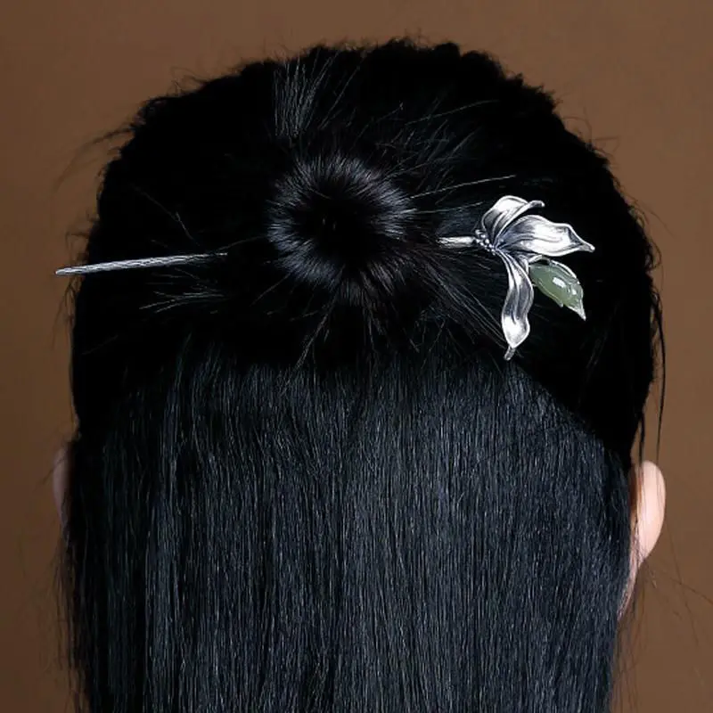 

Original new 925 silver jewelry Hetian jade handmade Chinese retro craft hairpin for ladies to give friends a souvenir gift