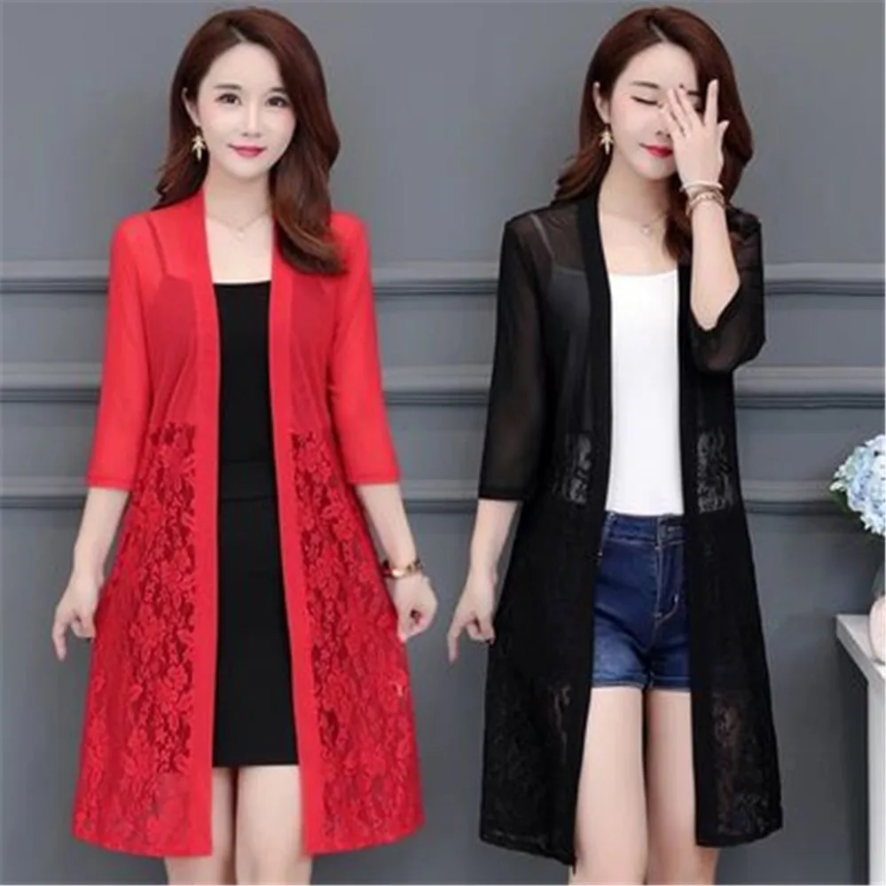 Женский кружевной кардиган с длинным рукавом розовый черный красный белый