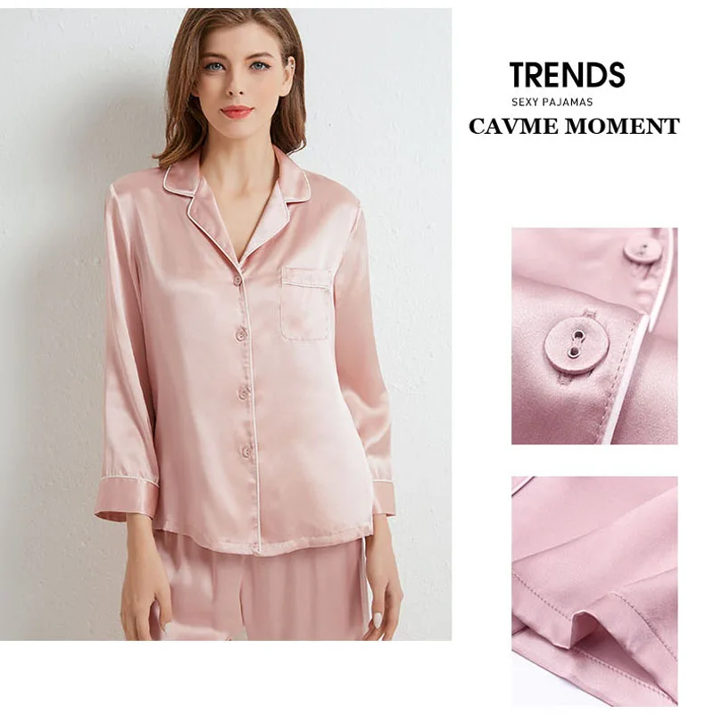 CAVME 100% Silk Pajama Sets for Women Ladies Luxury Sleepwear Solid Color Homewear 2 Pieces Full Pants PLUS SIZE