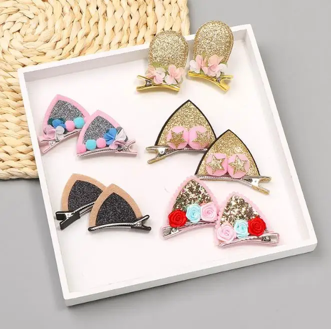 Однотонные заколки для волос с кошачьими ушками 2 шт. блестками и милые