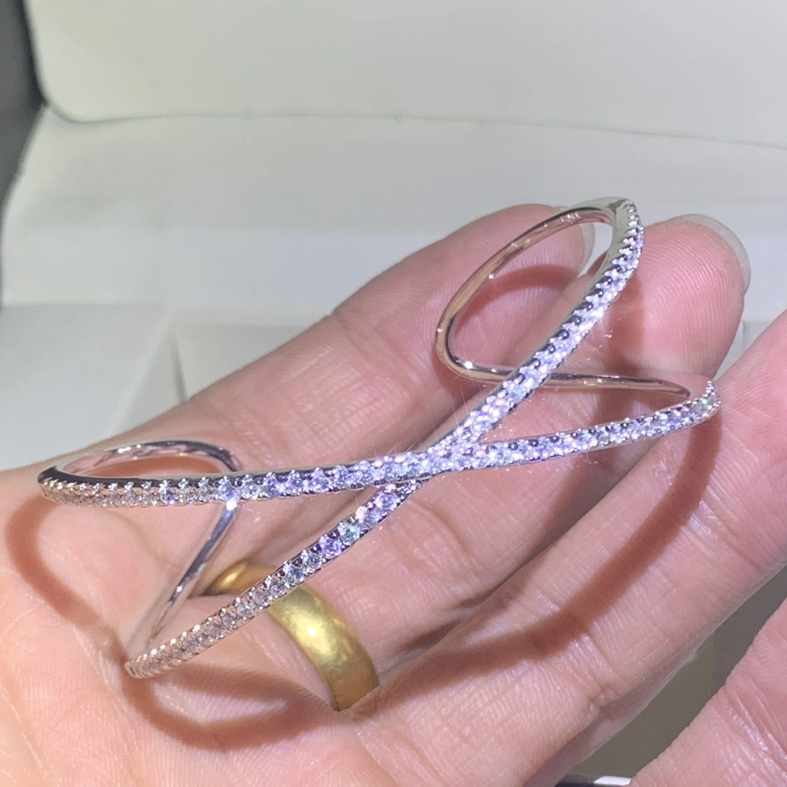 

Fashion Jewelry Handmade 925 Sterling Silver Pave White Clear 5A Cubic Zirconia Bridal Open Adjustable Bangle Gift