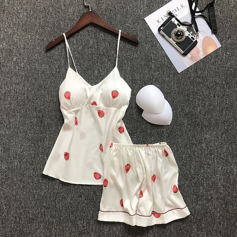 

Pajamas Home Wear Long Sleeve Rayon Three-Piece Pajamas Lady Cute Sling Chest Pad Fashion Set pyjamas women