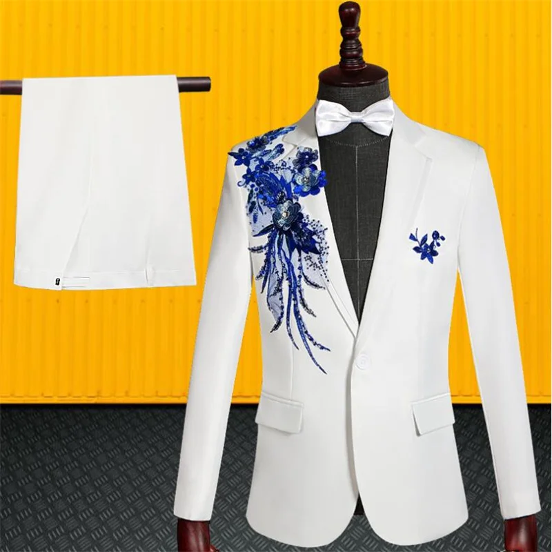 Slim sequins blazer men suit set with pants mens wedding host chorus singer stage clothing formal dress terno masculino white