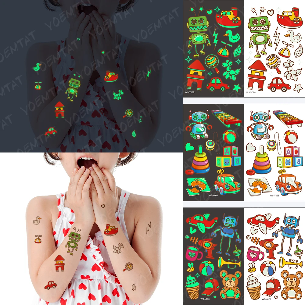 

Glow in the Dark Tattoo Stickers School Math Luminous Glitter Child Temporary Waterproof Book Tatto Cute Kid Cartoon Fake Tatoo