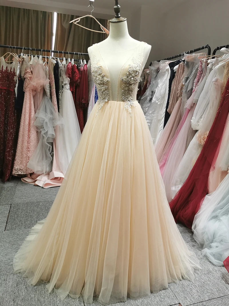 SSYFashion Новое роскошное вечернее платье высокого класса на заказ цвета шампанского с v-образным вырезом и кружевной аппликацией Бисероплетение без спинки Lllusion официальное платье для выпускного вечера
