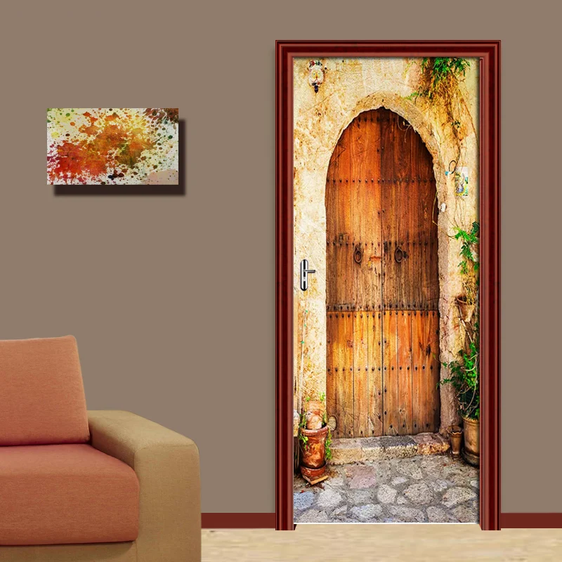 ПВХ Самоклеящиеся дверные наклейки Ретро Уличная деревянная дверь 3D обои для