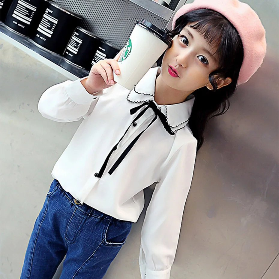 Блузка для девочек однотонная белая блузка школьные рубашки с отложным