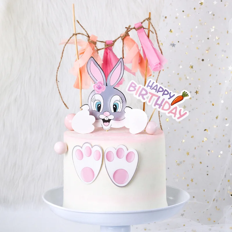 

Rabbit Bunny Footprint Cake Topper Carrot Kids Happy Easter Decoration Birthday Cupcake Decor Party Baking Supplies DIY Easter