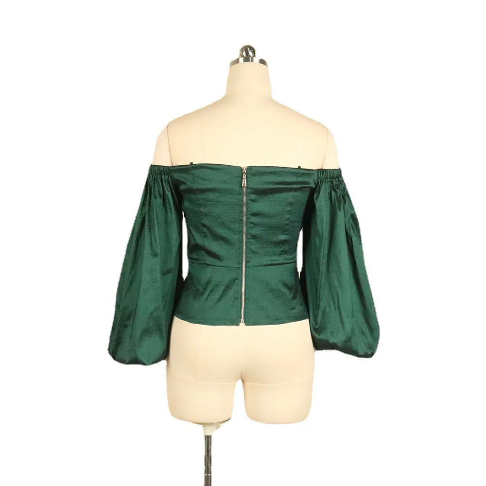 

Europe America African Fashion Sexy Breast Wrap Puff Sleeve Slim Solid Color Blouse One Shoulder Green Summer 2021