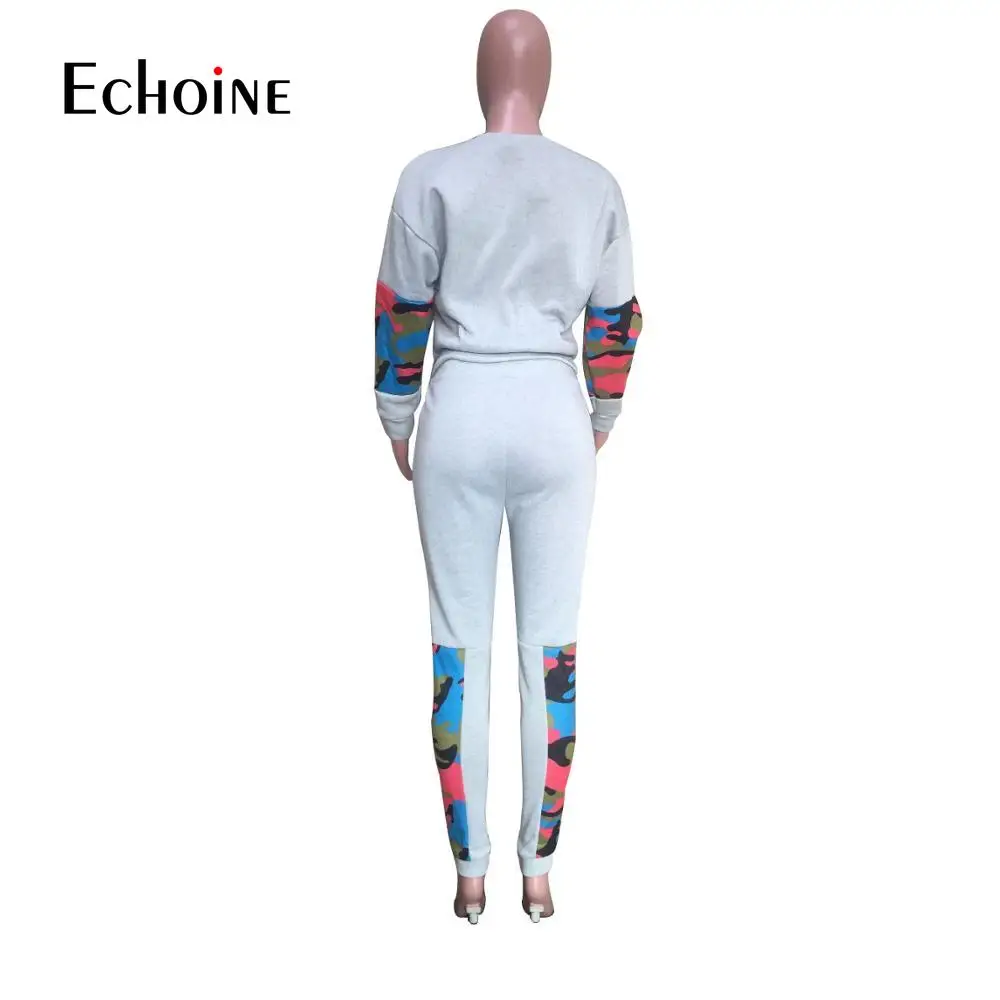 

Echoine Women Fall Winter Tracksuit O Neck Long Sleeve Top Pants Patchwork Print Casual Fashion Two Piece Set Fitness Outfits