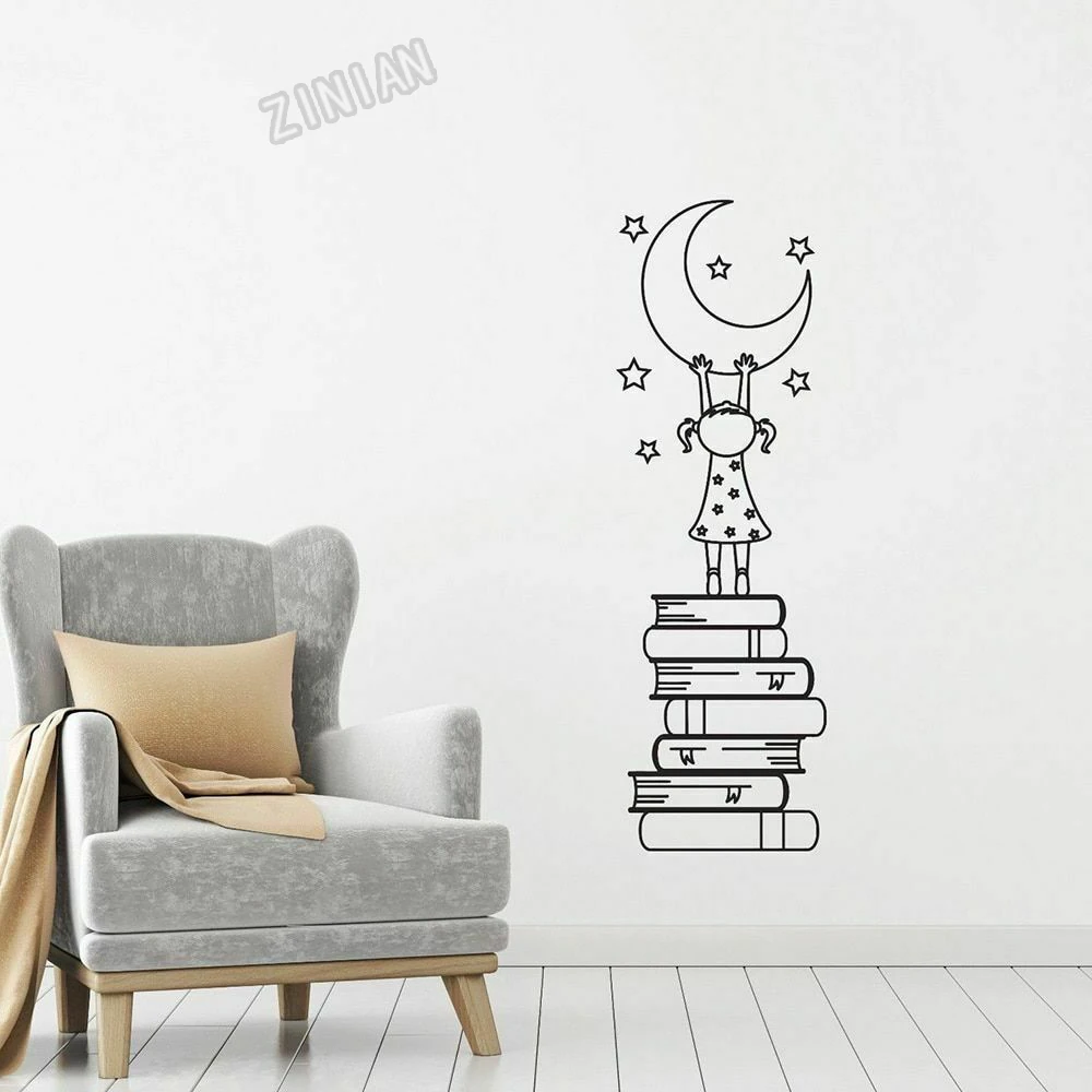 

Girl Books Moon Stars Vinyl Wall Decal Nursery Wall Sticker for Kids Room Art Murals Decor Book Room Living Room Decoration Y077