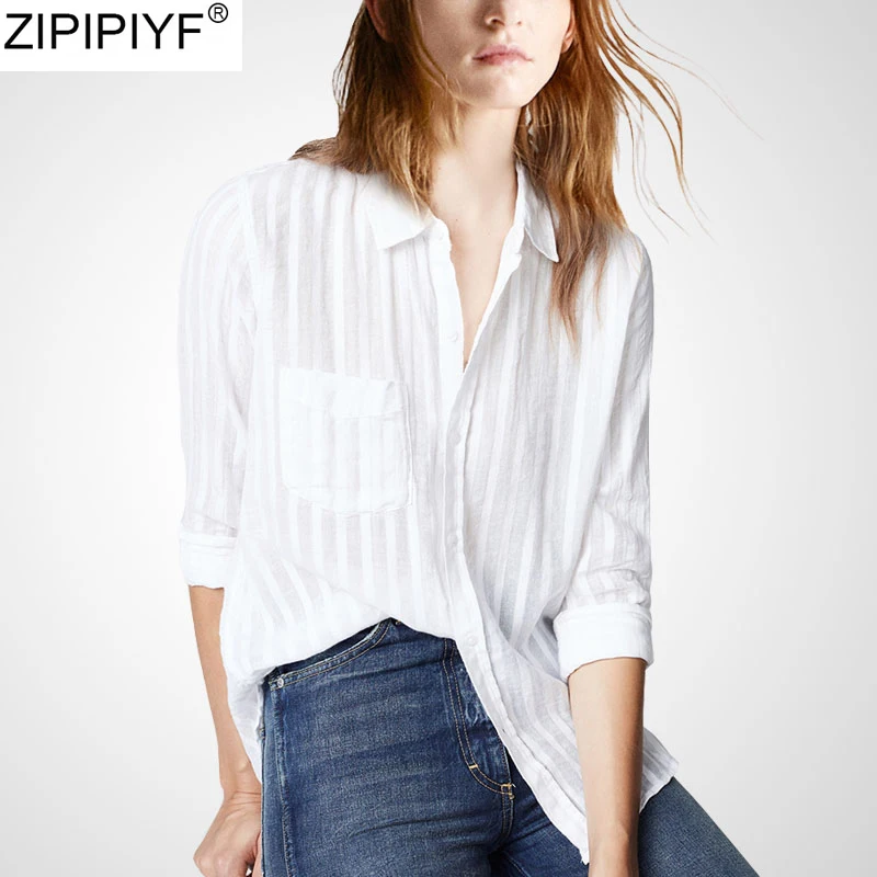 2020 New Summer Women Formal Shirts Half Sleeve Body Shirt Turn-down Collar OL Shirts and Blouses Striped white S-2XL