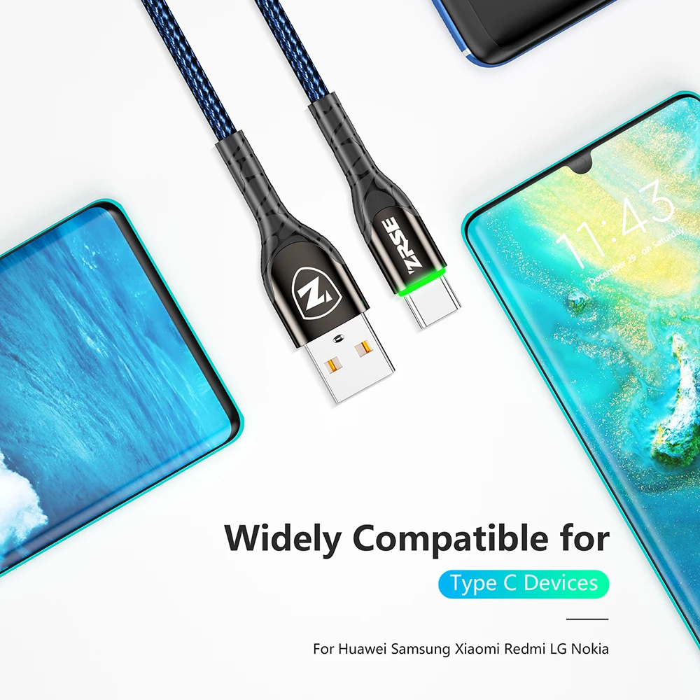 Кабель ZRSE Type C 3 м 2 1 для Samsung A50 S10 S9 S8 S7 LED USB кабель быстрой зарядки и синхронизации