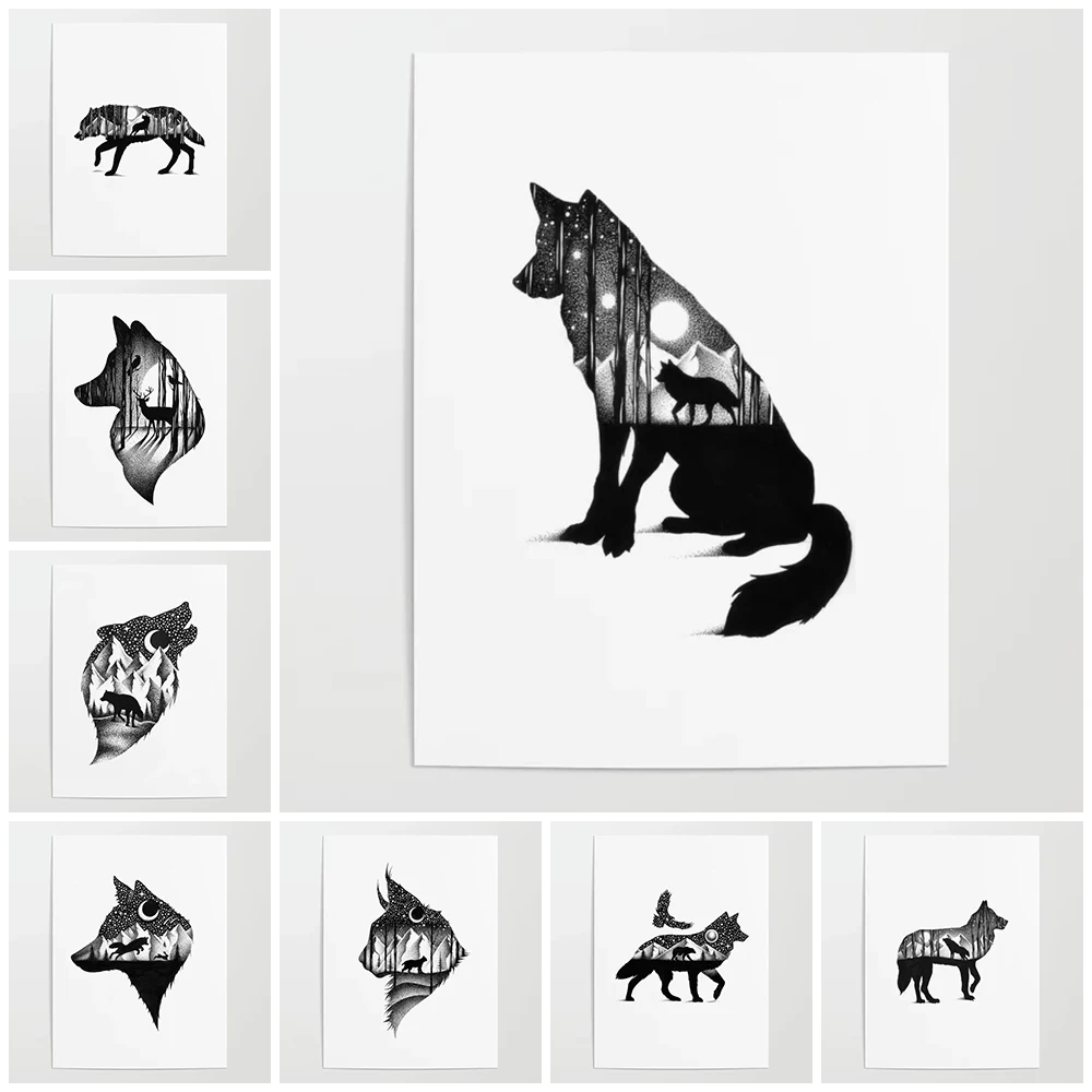 

Prints Painting Wall Artwork Modular Canvas Wolf Animal Poster Picture Black White Moon Home Decoration For Bedside Background