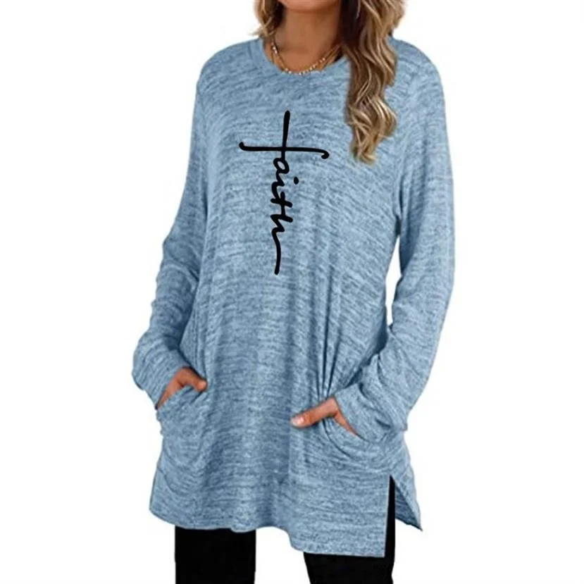 

Faith Cross Sweatshirt Casual Loose Round Neck Pocket Long Sleeve Mid-length Knit Top Hoodies For Women Kawaii Femmes Clothings