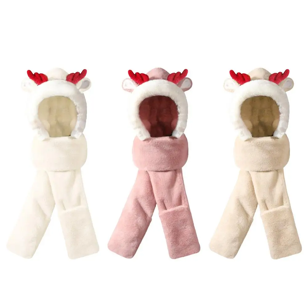 

3 In 1 Hat Scarf Glove Set Winter Hoodie Hat With Scarf Gloves Set Cartoon Warm Plush Hood Scarf Earflap Caps Cute Christmas