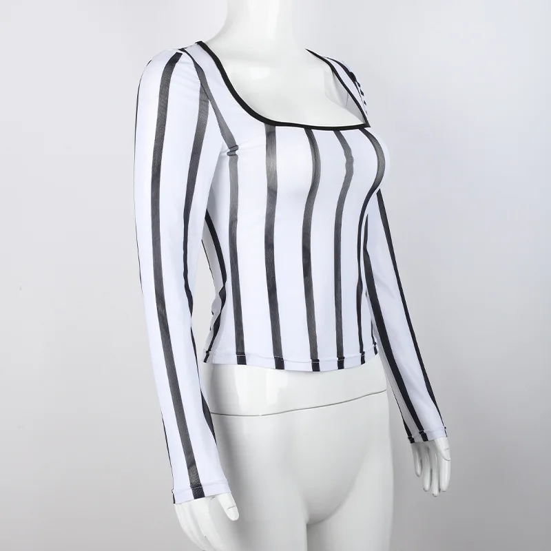 

2021 Spring Autumn Woman Tshirts Casual Slim Bodycon Striped Shirts for Women Square Collar Long Sleeve Regular Tops for Women