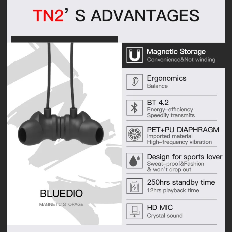 Оригинальные беспроводные Bluetooth наушники Bluedio TN2 ANC V4.2 HiFi бас стерео Магнитная