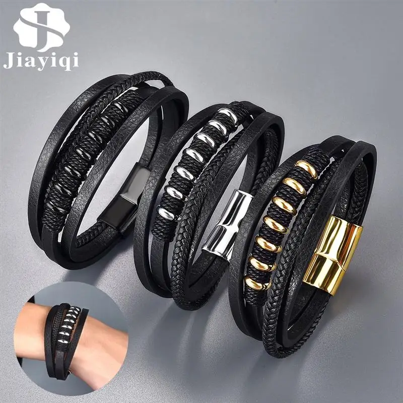 

Jiayiqi New Winding Stainless Steel Men's Genuine Leather Bracelet With Magnet Clasp Multilayer Bangle Male Jewelry Gift