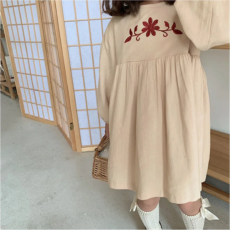 

Baby Girls Casul Flower Dress New Fashion Korean Style Kids Girl Embriodery Floral Costumes Long Sleeve Autumn Fall Clothes
