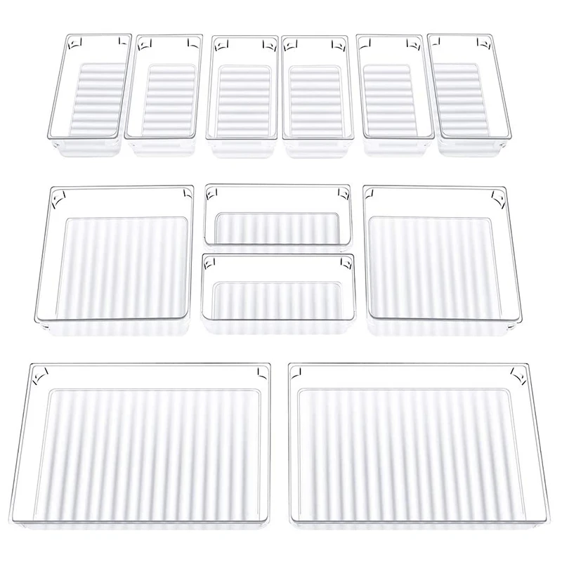 

Hot SV-Set Of 12 Desk Drawer Organizer Trays with 3-Size Clear Plastic Storage Boxes Divider Make-Up Organiser for Office