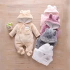 Детский Теплый комбинезон с капюшоном, осенне-зимний комбинезон для маленьких девочек и мальчиков, цельный милый комбинезон для новорожденных с кроличьими ушками, наряды