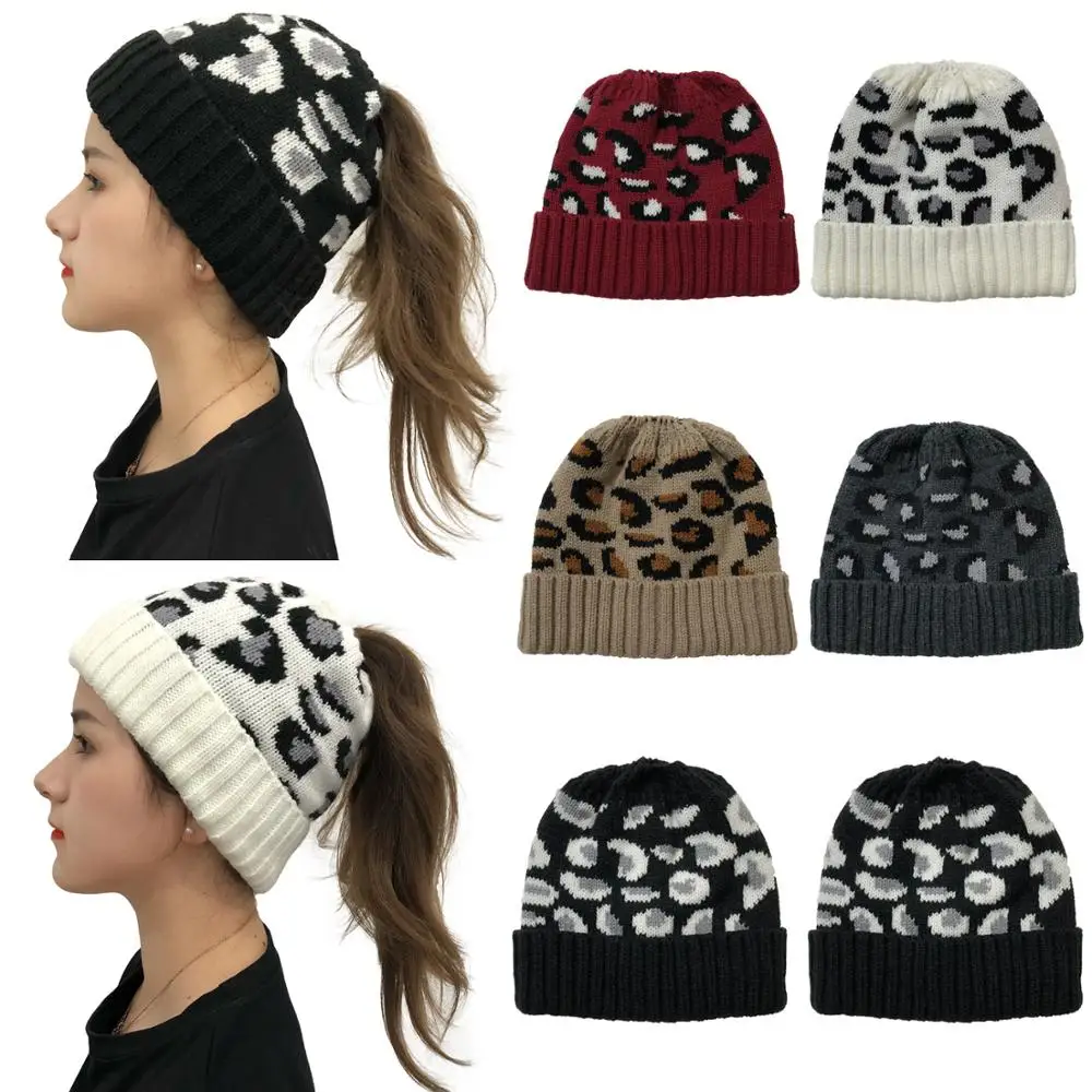 

Knitting Wool Women Winter Beanie Hat Leopard Warm Soft Ladies Elastic Ponytail Skullies Casual Outdoor Sport Riding Bonnet
