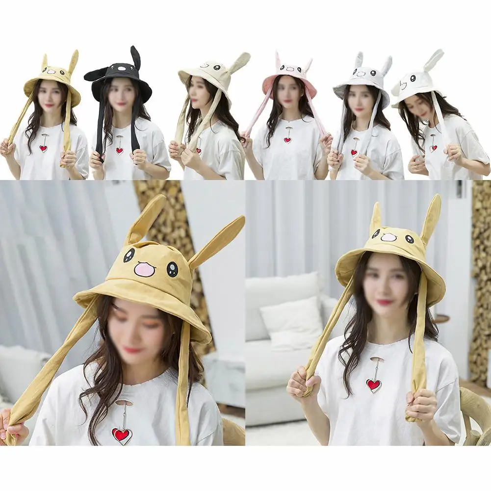 

Funny Cute Rabbit Ears Up Hat Toys Fashion Pinch The Ear Moving Hat Sweet Fisherman Cap Bucket Hat Women Girls