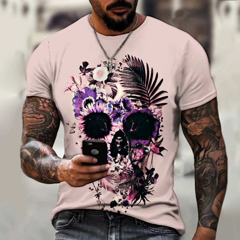 

European and American new style fun trendy fashion loose 3d digital printing new casual short-sleeved style skull pattern short-