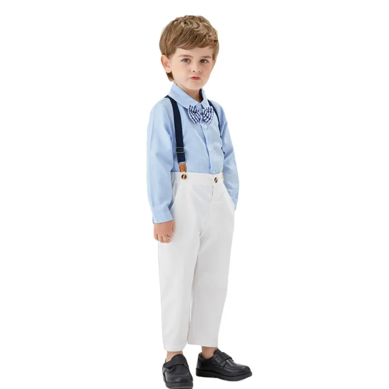 Primavera 2 pz/set neonati Gentleman Set di abbigliamento camicie con fiocco maglie a maniche lunghe bretelle abbigliamento per neonati 0-3 anni