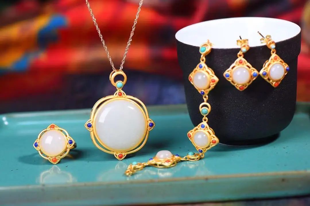

Natural 925 Silver Inlaid Hetian Jade Bracelet Ring Earring Pendant Necklace