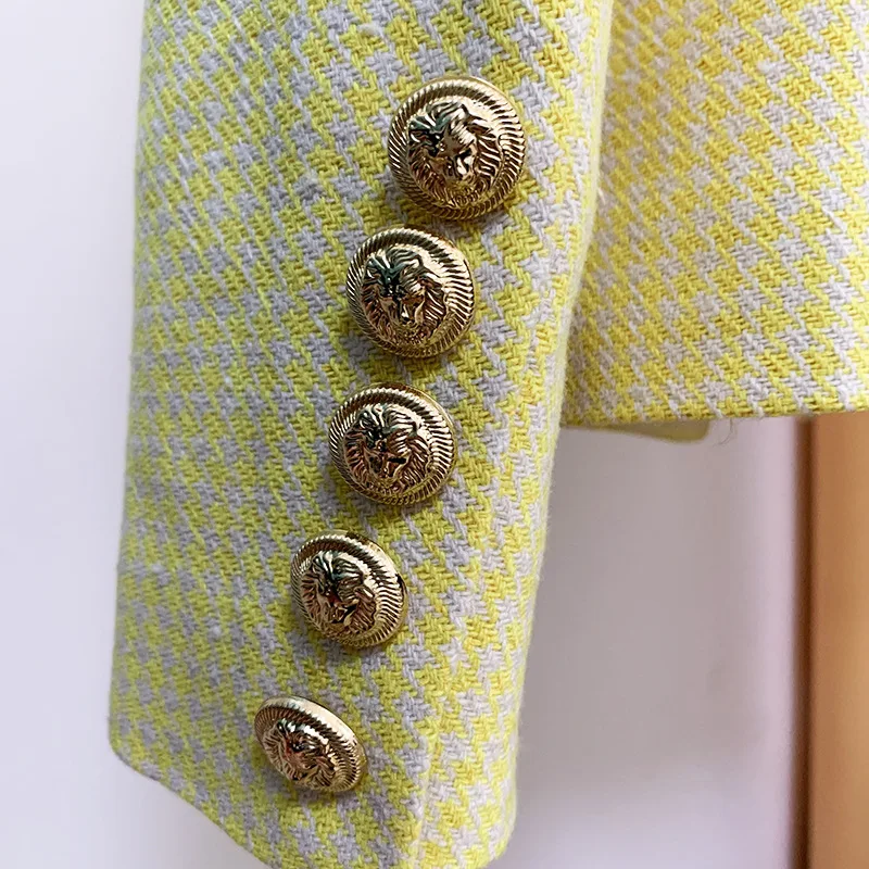LXUNYI Women Blazer With Gold Button Spring Autumn Double Breasted Slim Office Womens Blazers Houndstooth Plaid Suit jacket