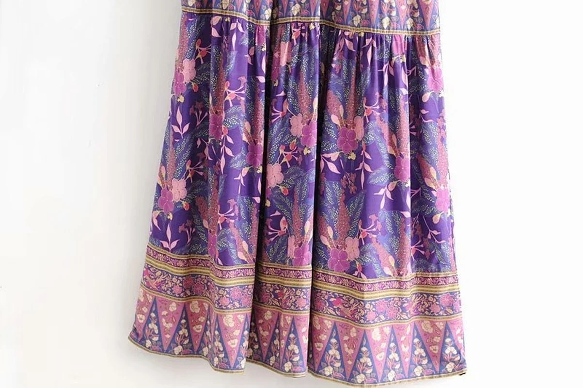 Vintage Chic Women Purple Floral Print V-neck Rayon Beach Bohemian Dresses Ladies Tassel Lace-up Summer Boho Maxi Dress Robe | Женская