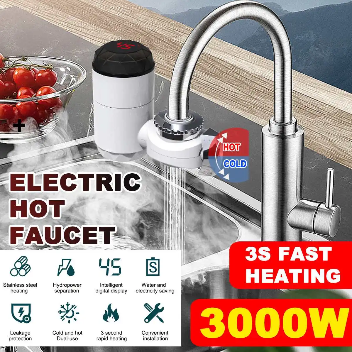 

Kitchen Electric Water Heater Tap Instant Hot Water Faucet Heater Heating Faucet Tankless Instantaneous Water Heater WithAdapter