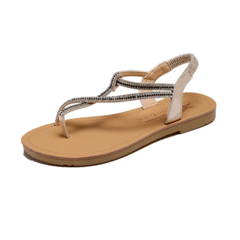 Сандалии женские с кристаллами повседневные однотонные босоножки на плоской