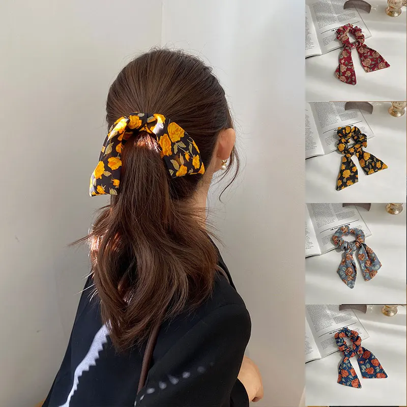

Fashion Floral Print Scrunchies Solid Long Hair Ribbon For Women Ponytail Scarf Sweet Elastic Hair Band Hair Accessories