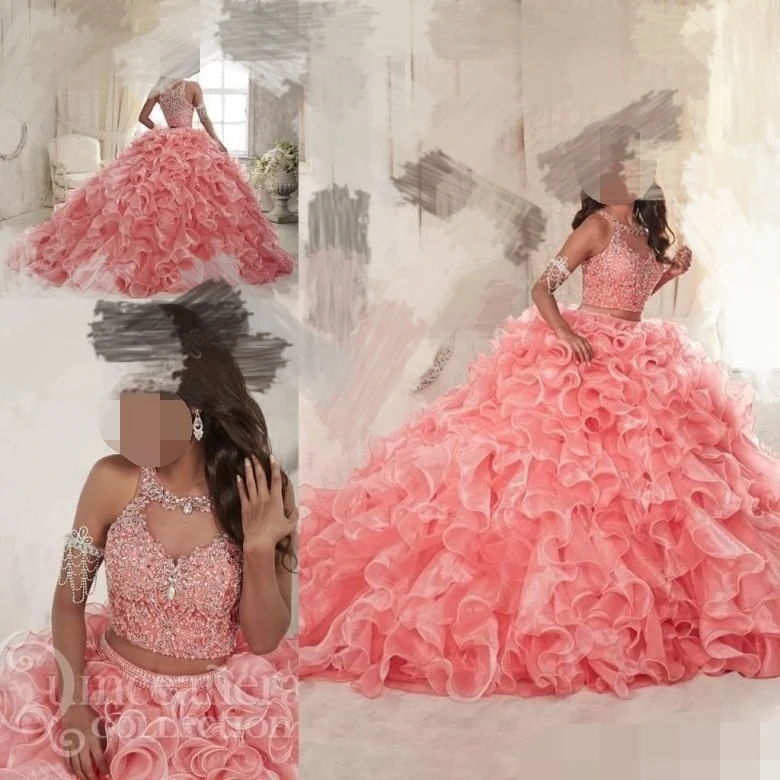 

2019 Ruffles Two Pieces Coral Quinceanera Dresses Sweet 16 Organza Plus Masquerade Sheer Prom Occasion Dress vestidos de 15 anos