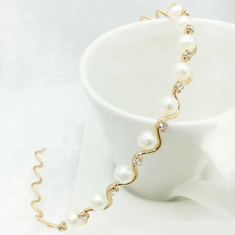 Женская повязка на голову с жемчугом и кристаллами для девушек элегантная обруч