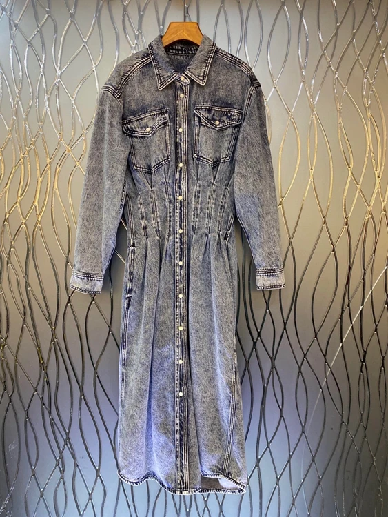 

2021 new women fashion lapel symmetrical pocket decoration waist long sleeve buttoned denim dress 1021
