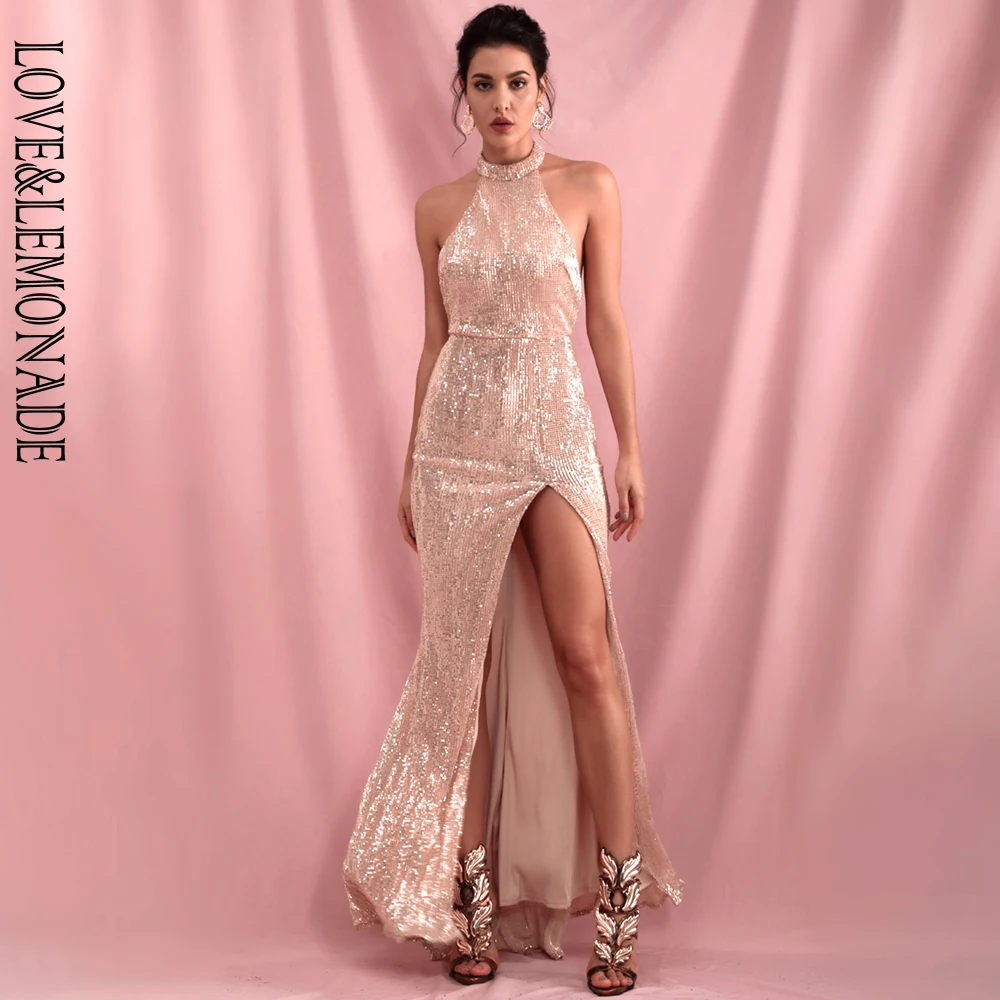 Женское платье с блестками LOVE & LEMONADE розовое золотистое облегающее Платье макси