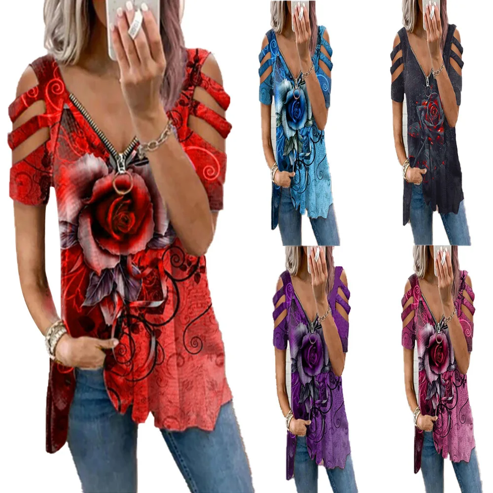 

Womens T Shirts New Fashion Abstract Printed T Shirt Zipper V Neck Tee Summer Women Casual Short Sleeve Tops Plus Size S-5XL