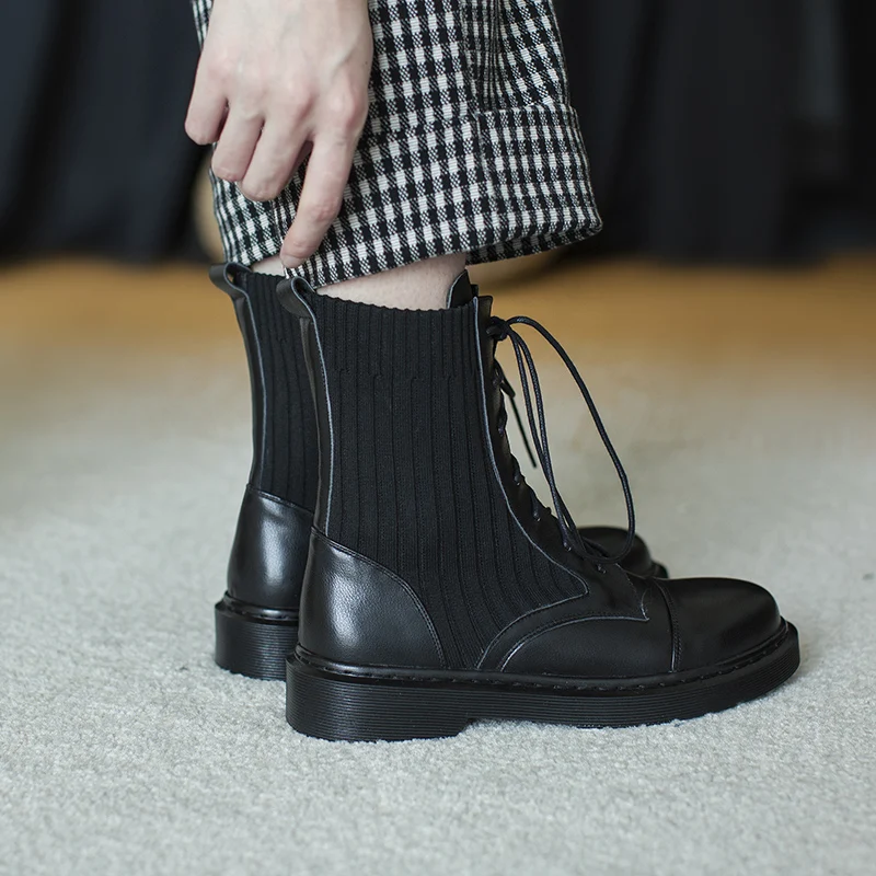 

Genuine leather low heels Short Boots New Comfortable knitting Women Ankle Boots Cross Tied Winter Casual Party Shoes Woman